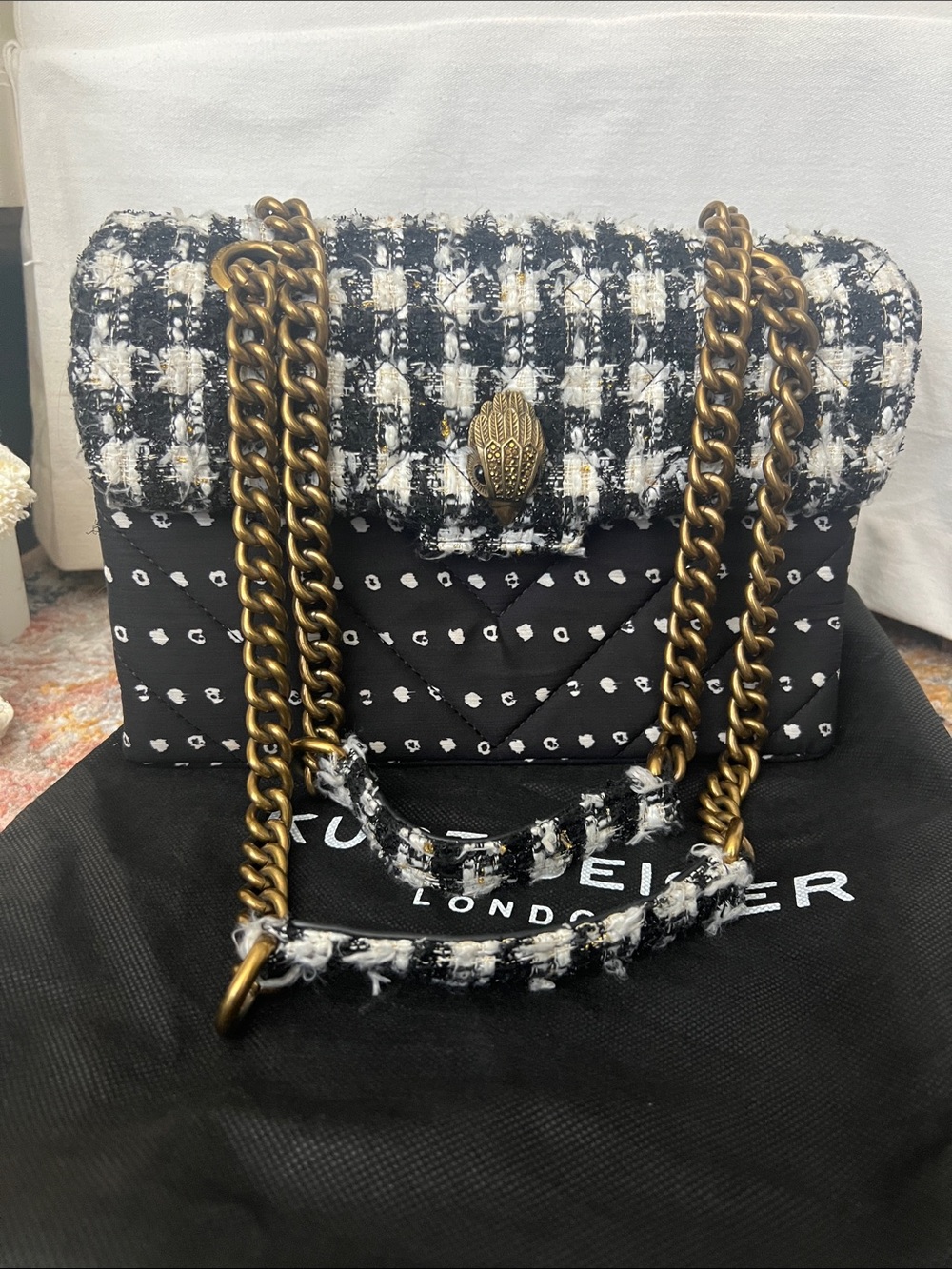 Kurt Geiger Black and White Tweed Chain Shoulder Bag